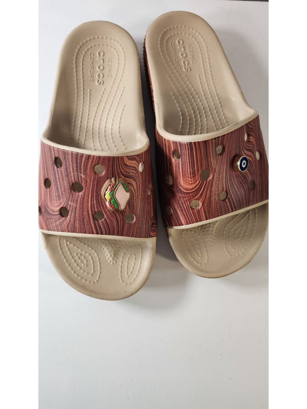 CROCS X SZA WOODGRAIN SLIDES SANDALS SCUTES 2 JIBBITZ BEACH SHOES WOMENS 8